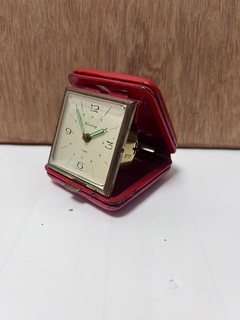 Vintage Blessing reiswekker 7 rubis – West Germany – leer, Antiek en Kunst, Ophalen of Verzenden