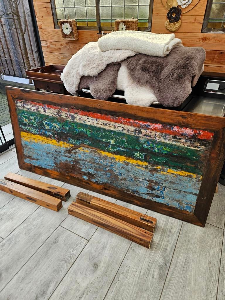 Eettafel Hardhout 2m van visserbootjes bali en 2 stoelen, Ophalen, 50 tot 100 cm, Zo goed als nieuw, Vijf personen of meer