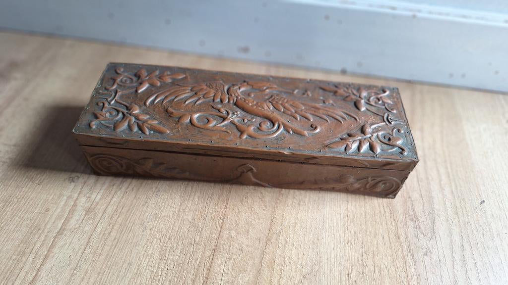 Antieke houten kistje met koperen beslag,  zie foto's, Ophalen of Verzenden