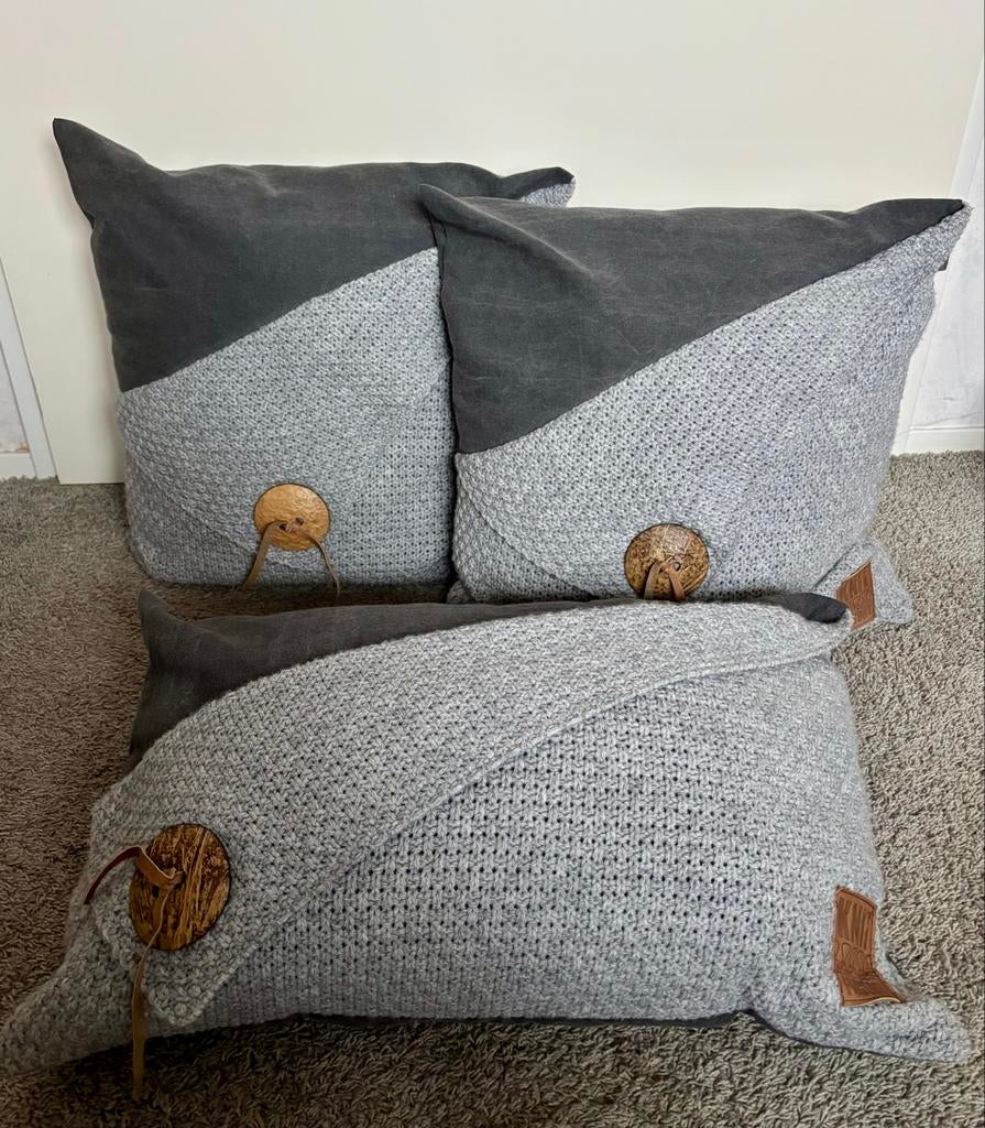 Set van 3 sierkussens - Knit Factory, Ophalen, Zo goed als nieuw, Grijs, Vierkant