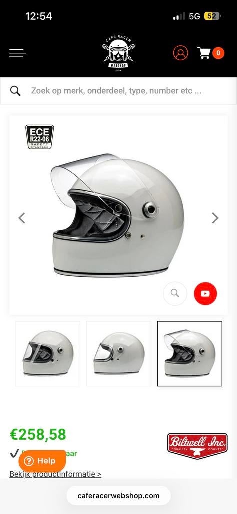 Biltwell helm Gringo Gloss white ECE XS Integraalhelm, XS, Nieuw zonder kaartje, Integraalhelm, Dames