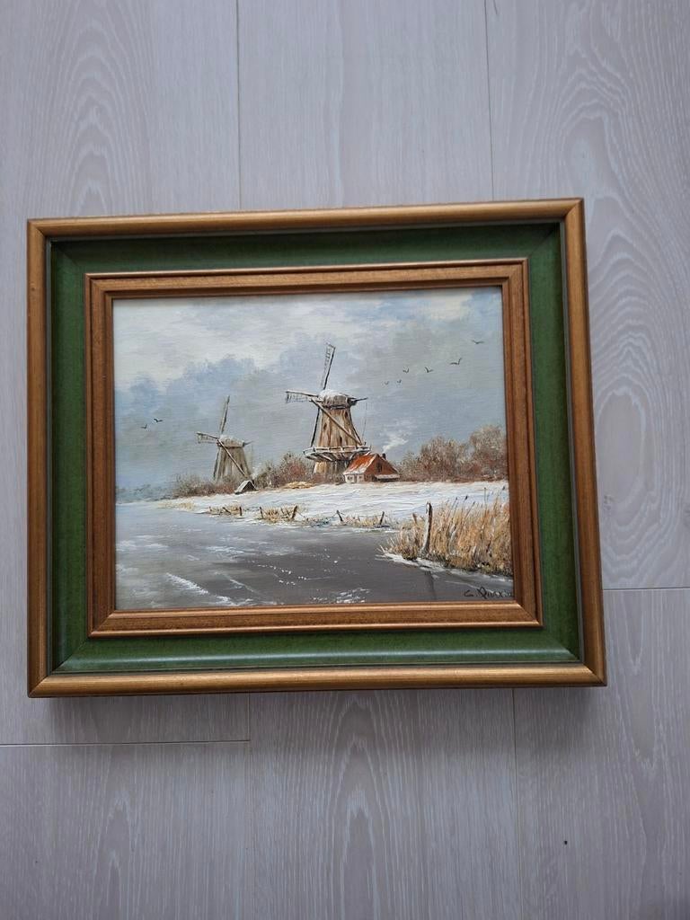 Schilderij C. Quax - Molens in Winterlandschap, Ophalen