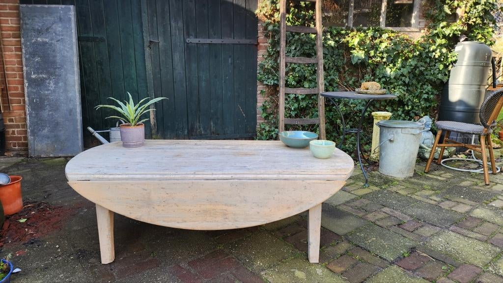 Antieke vruchtenhouten hangoor salontafel 148cm bij 70 cm., Ophalen