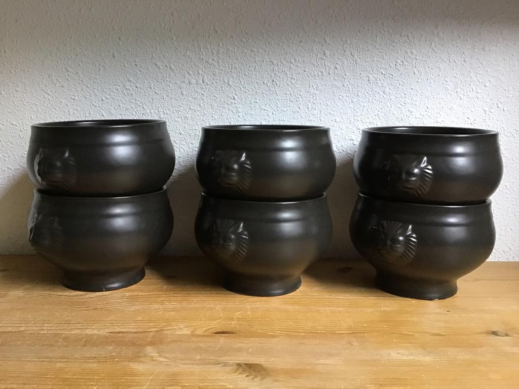 6 Franse uiensoep kommen met leeuwenkop., Ophalen of Verzenden, Zo goed als nieuw, Kom(men), Overige stijlen