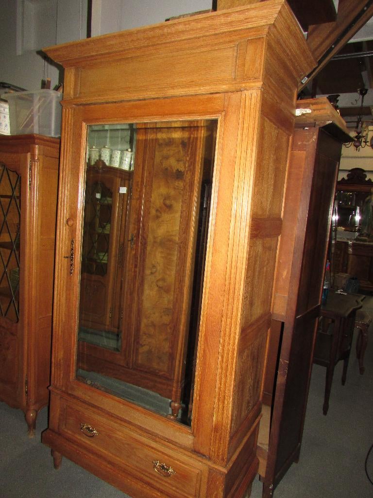 antiek eiken linnenkast spiegeldeur hang en legplank 375,00, 200 cm of meer, Eikenhout, 50 tot 100 cm, Zo goed als nieuw