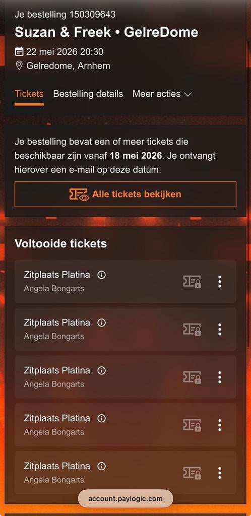 5 zitplaatsen Susan en Freek 22 mei, Tickets en Kaartjes, Twee personen, Mei