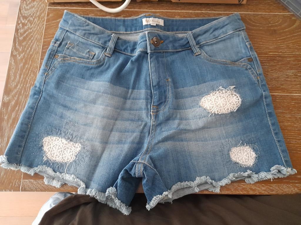 Izgs Stoere Dames Korte spijkerbroek kant wit MS Mode 44, Blauw, W32 (confectie 46) of kleiner, Ophalen of Verzenden, Zo goed als nieuw