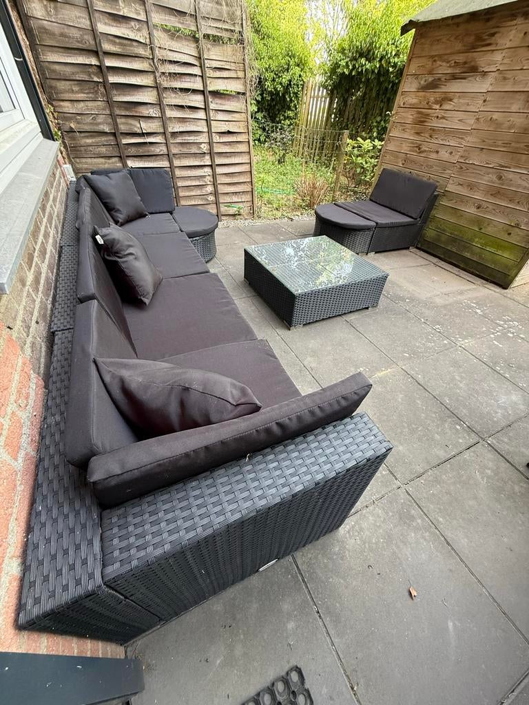 Zwarte loungeset met glazen salontafel, Tuin en Terras, Tuinsets en Loungesets, Ophalen, Gebruikt, Meer dan 8 zitplaatsen, Loungeset