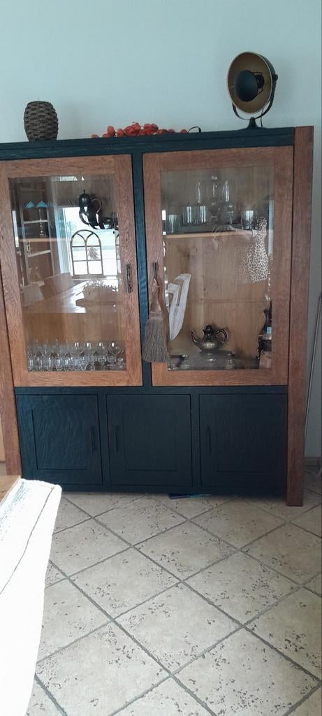 Massief eiken gedusseld kast 2 deurs geslepen glas., 150 tot 200 cm, Ophalen of Verzenden, Glas, 150 tot 200 cm