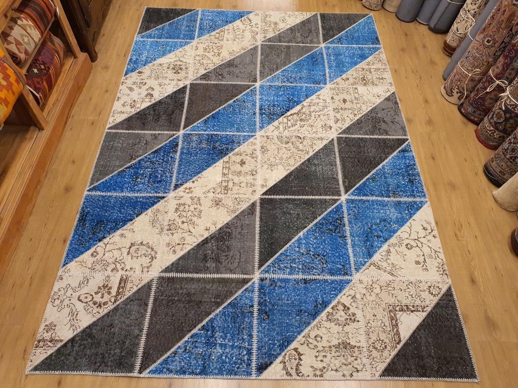 Vintage handgeknoopt oosters tapijt patchwork 300x200, Info@SlatsAntiek.nl, Tweedehands, 200 cm of meer, Crème