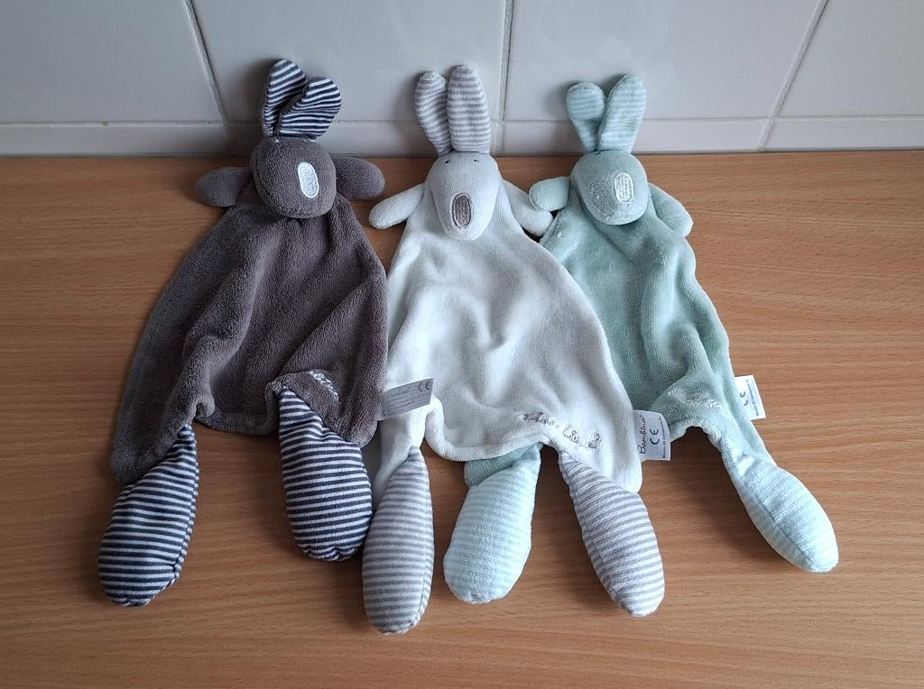 3x Knuffeldoekje, Knuffel Bambino Konijn Grijs, Beige, Groen, Overige merken, Overige karakters, Konijn, Ophalen of Verzenden