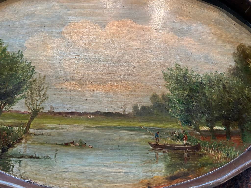 Theeblad als Ovaal schilderij met landschap, Antiek en Kunst, Ophalen