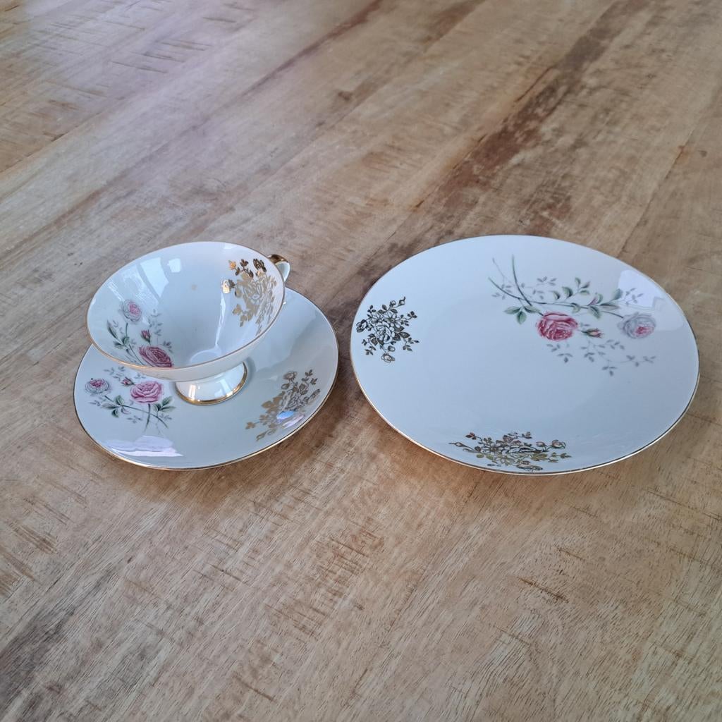 Kop, schotel en gebaksbordje met bloem motief, Ophalen of Verzenden, Porselein, Overige stijlen, Kop(pen) en/of Schotel(s)