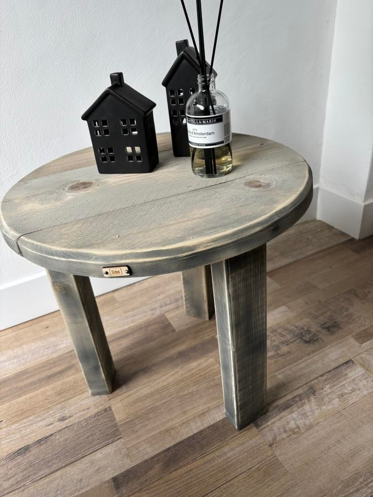 Bijzettafel rond steigerhout grey wash, Minder dan 55 cm, Rond, Nieuw, Ophalen