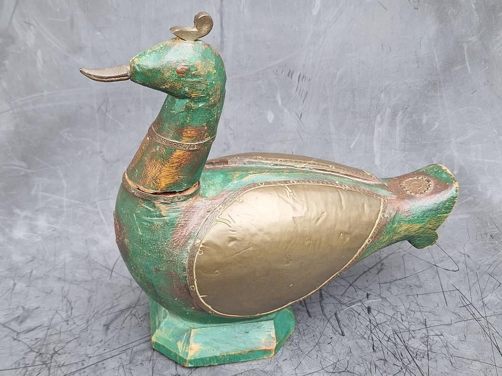 Houten eend met messing details, Antiek en Kunst, Antiek | Overige Antiek, Ophalen of Verzenden
