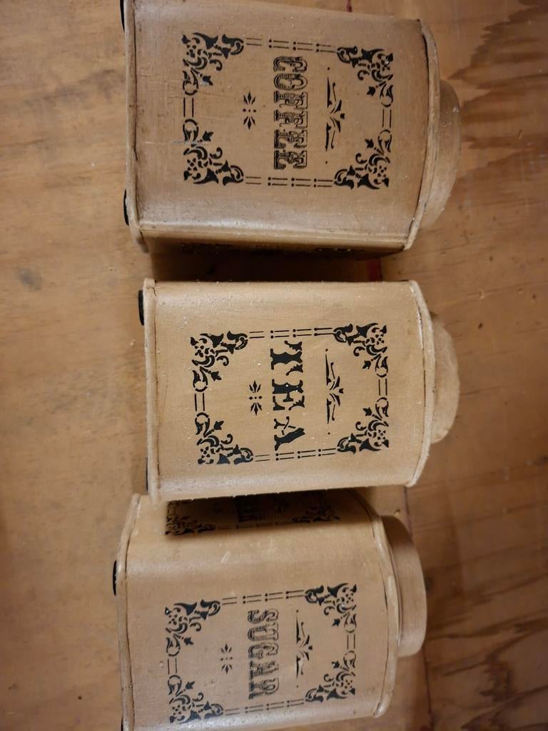 Vintage blikken koffie, thee en suiker bussen set, Huis en Inrichting, Keuken | Keukenbenodigdheden, Gebruikt, Ophalen of Verzenden