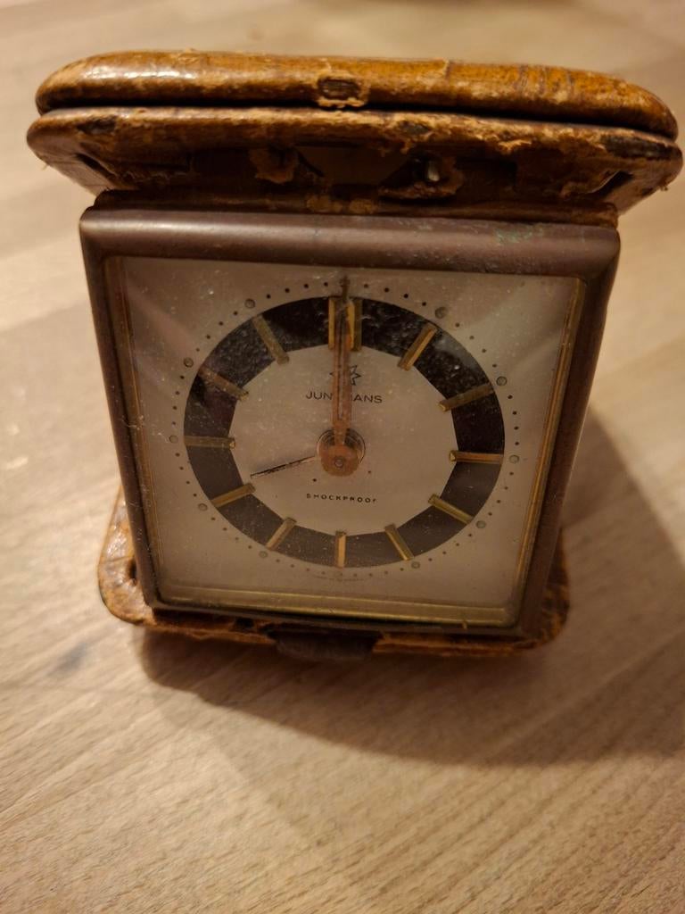Reiswekker Junghans in lederen doos - vintage, Ophalen, Gebruikt
