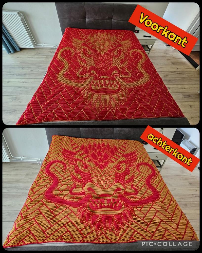 OPRUIMING! deken/plaid "Year of the Dragon"., Hobby en Vrije tijd, Breien en Haken, Zo goed als nieuw, Haken, Overige typen, Ophalen of Verzenden