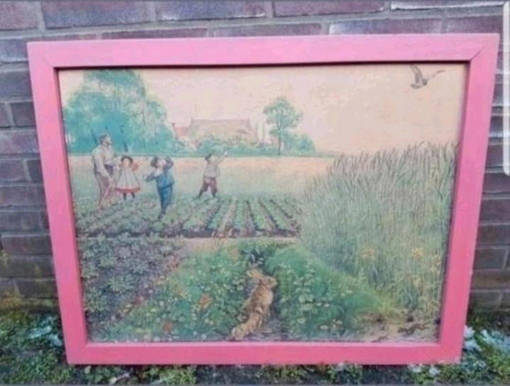 Prachtige ingelijste schoolplaat Ot en Sien ! In kader lijst, Antiek en Kunst, Antiek | Schoolplaten, Ophalen of Verzenden, Overige thema's