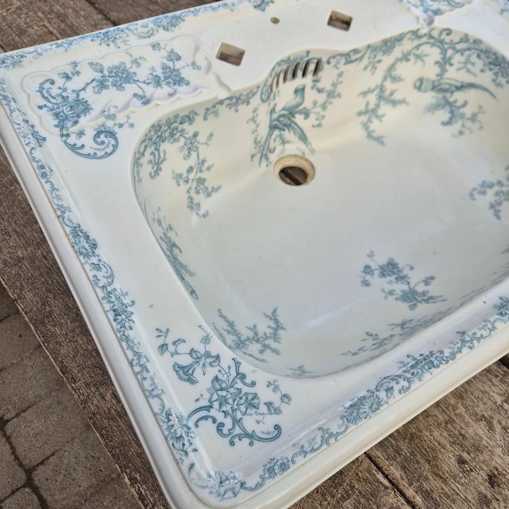 67,5x48,5 Unieke antieke wastafel turquoise blauw decor pauw, Antiek en Kunst, Ophalen