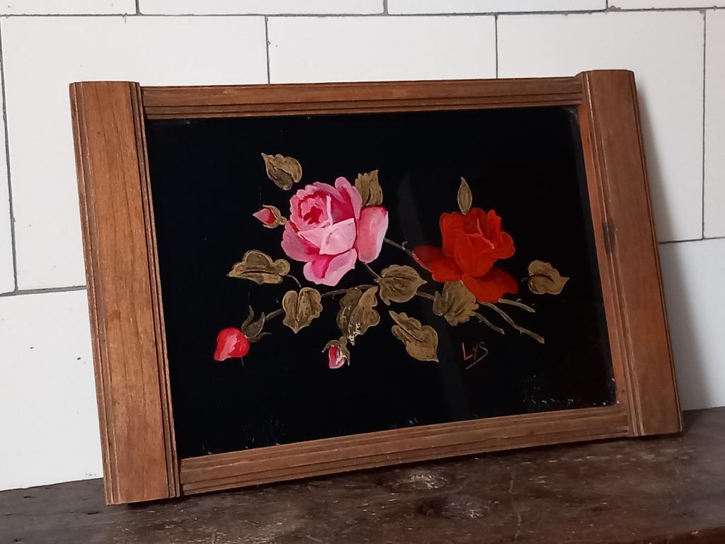 antiek lijstje dienblad handgeschilderd rozen Frans brocante, Ophalen of Verzenden