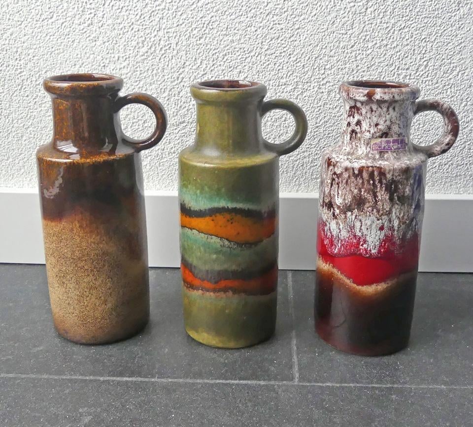 Scheurich 401-20 vazen trio vaas West-Germany groen bruin, Gebruikt, Overige kleuren, Aardewerk of Porselein, Ophalen of Verzenden