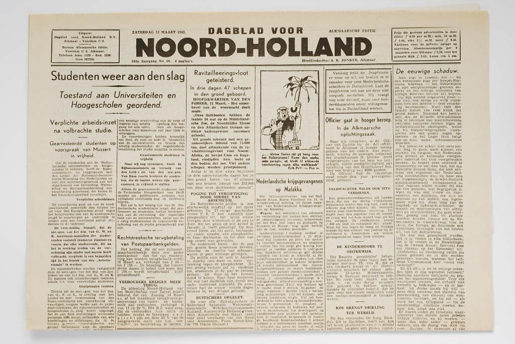 13 maart 1943 - Dagblad voor Noord-Holland | Heruitgave 1994, Zo goed als nieuw, Verzenden, Amsterdam, Florence Uitgeverij