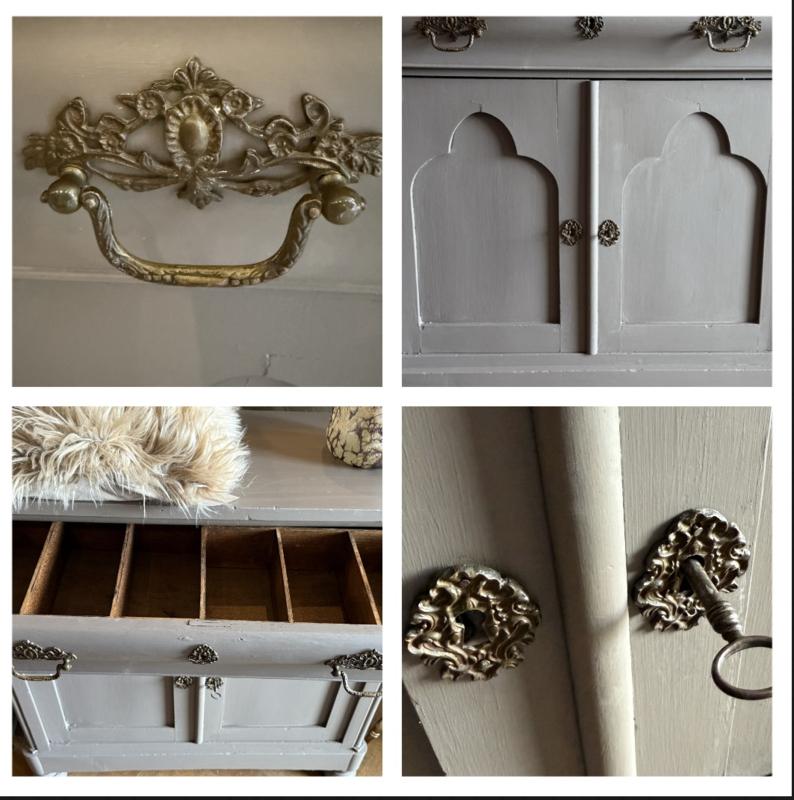 Antiek kastje, vintage kast brocante commode oud buffet VdlM, Huis en Inrichting, Ophalen, Brocante penantkast, beige salonkast taupe dressoir halkast