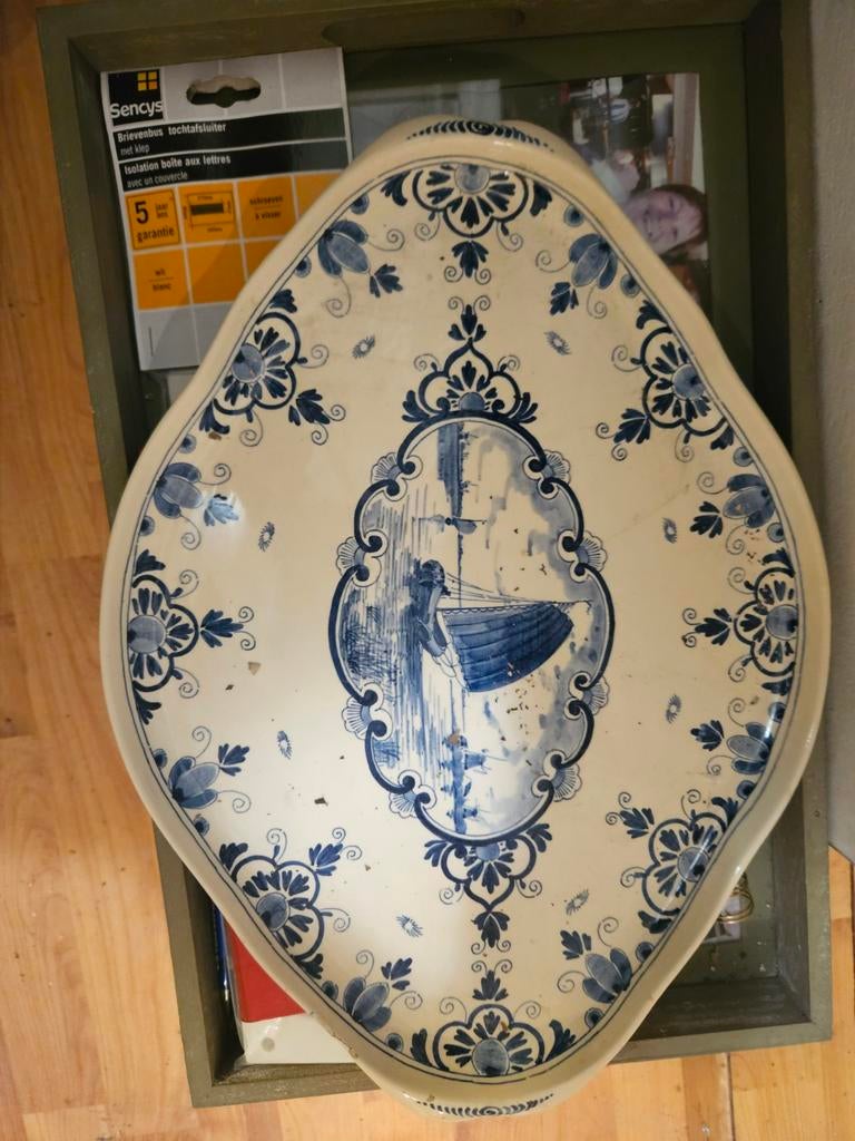 Antiek Delfts Blauw dienblad met Hollands tafereel, Ophalen of Verzenden