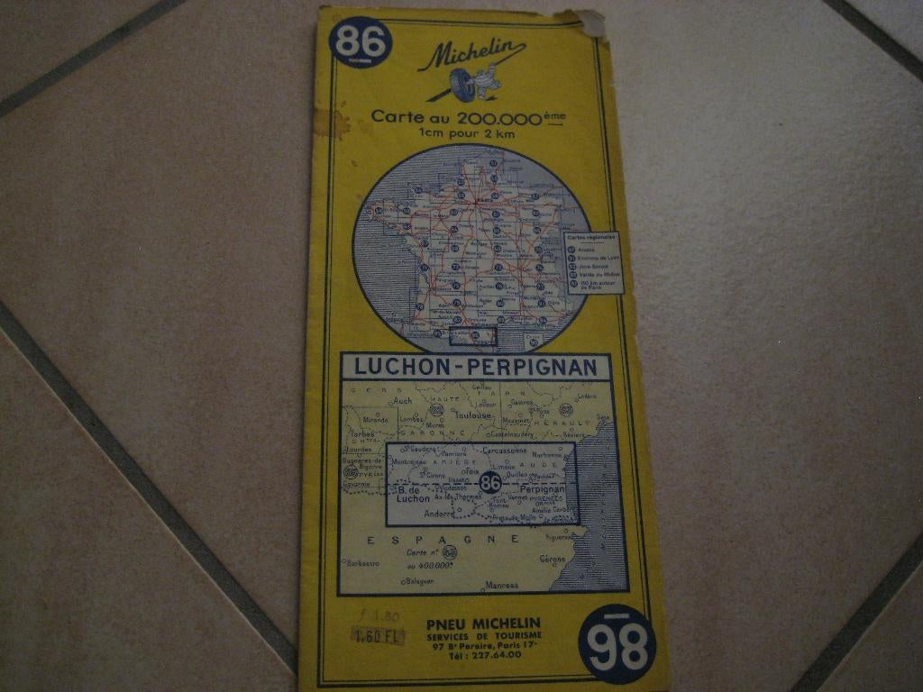 oude Michelin wegenkaart v. Frankrijk: nr 86: Pyreneeën-oost, Gelezen, Verzenden, Landkaart, 1800 tot 2000