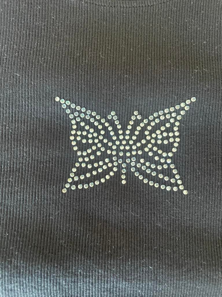 Zwart T-shirt met vlinder, xs, Zwart, Ophalen of Verzenden, Korte mouw, Maat 34 (XS) of kleiner