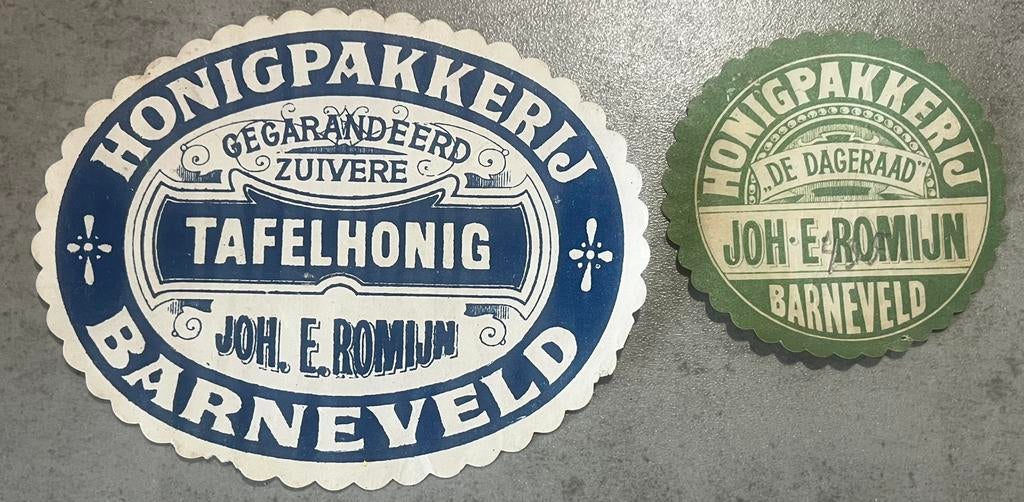 2 sluitzegels Joh. E. Romijn Barneveld tafelhoning, Verzamelen, Merken en Reclamevoorwerpen, Ophalen of Verzenden, Zo goed als nieuw