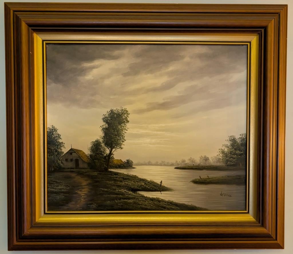 Realistisch Olieverf schilderij De Vries, Antiek en Kunst, Kunst | Schilderijen | Klassiek, Ophalen of Verzenden