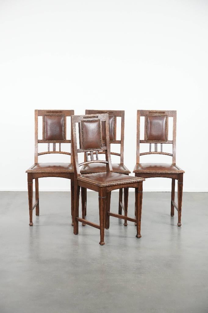 Set van vier antieke eetkamerstoelen in Art Nouveau stijl, Antiek en Kunst, Antiek | Meubels | Stoelen en Banken, Ophalen