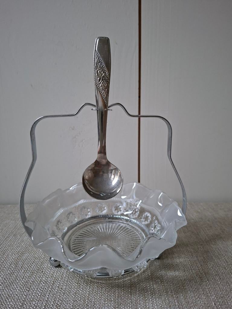 Art deco glazen schaal in zilverkleurige metalen standaard., Ophalen of Verzenden