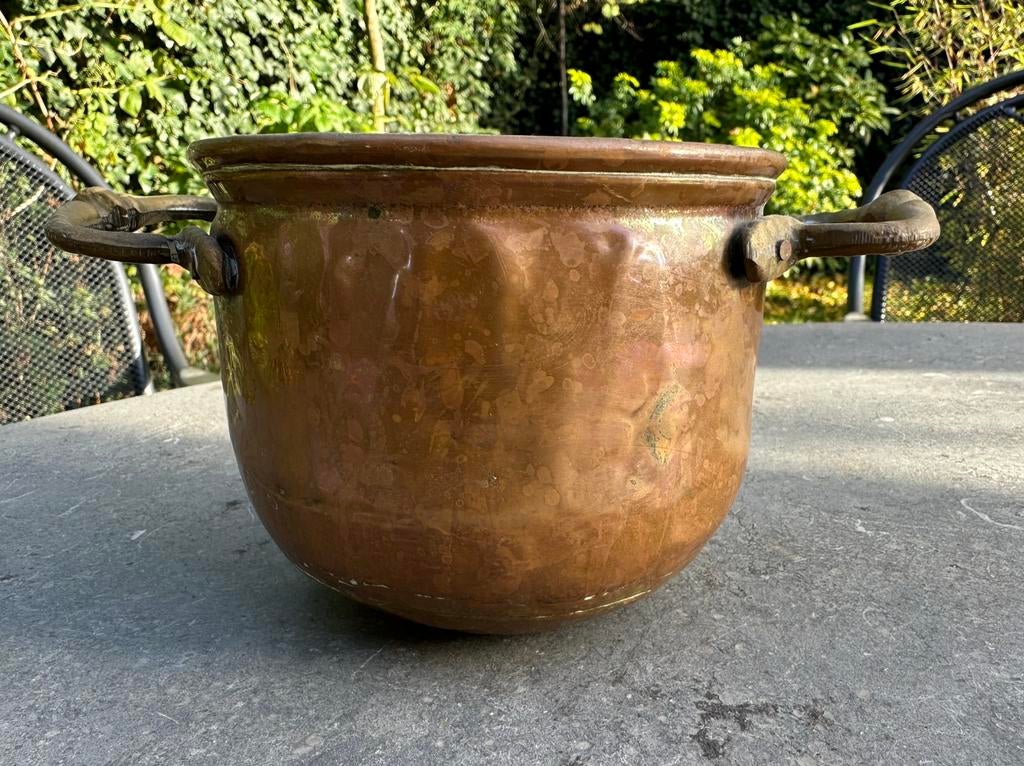 Antieke koperen sauspan met messing handvatten, Antiek en Kunst, Antiek | Koper en Brons, Ophalen of Verzenden, Koper