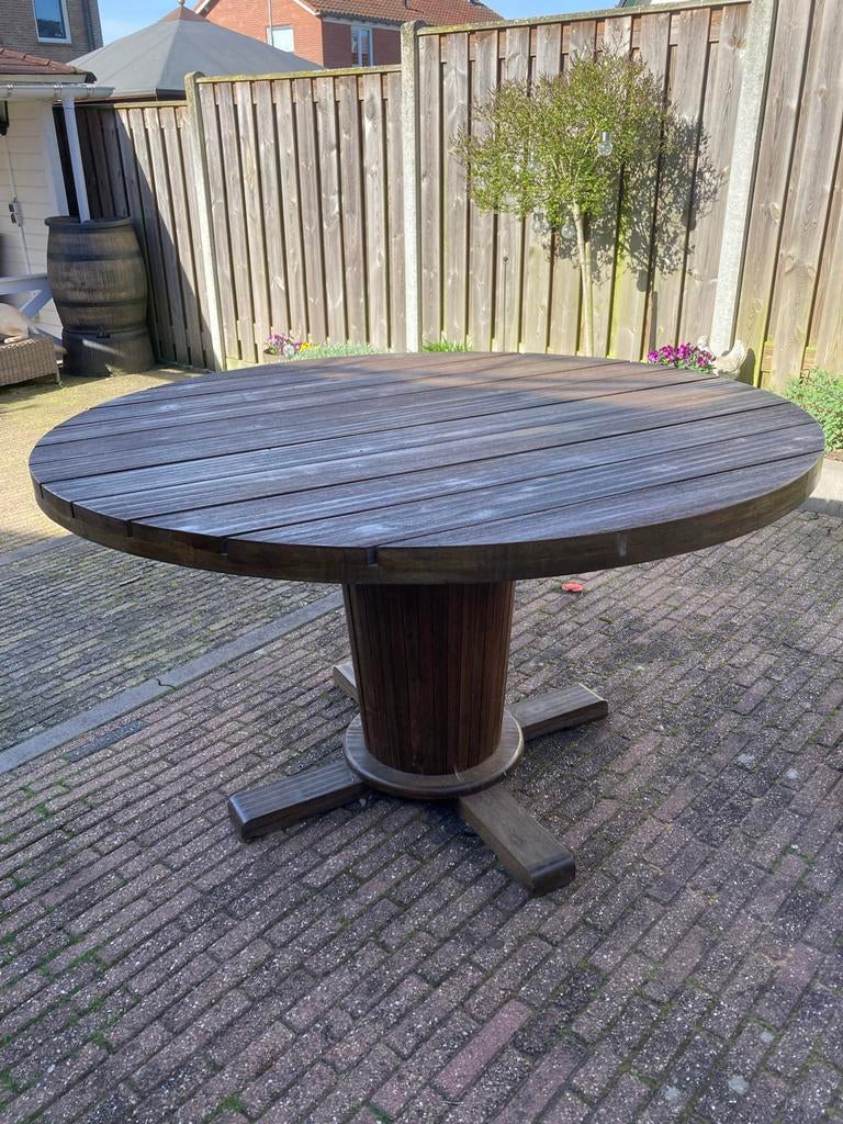Harde houten tuintafel rond 140 cm, Ophalen, Gebruikt, Rond, Hout