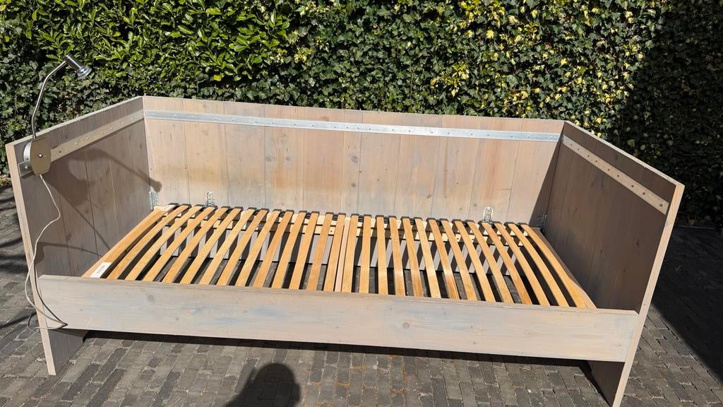 Steigerhouten bed inclusief lattenbodem en matras, Ophalen, Gebruikt, 90 cm, Eenpersoons