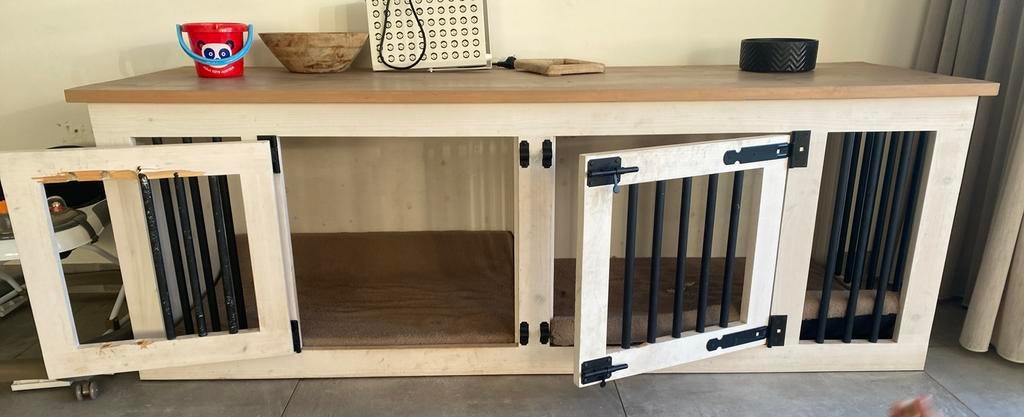 Houten hondenbench tv meubel 2 honden, Ophalen, Gebruikt