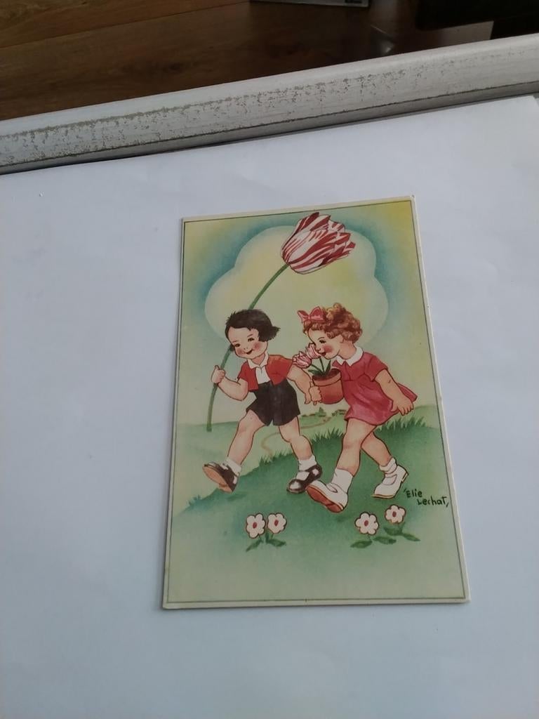 ELIE LECHAT KINDEREN MET GROTE BLOEM EN POT BLOEMEN, Ophalen of Verzenden, Voor 1920, Kinderen