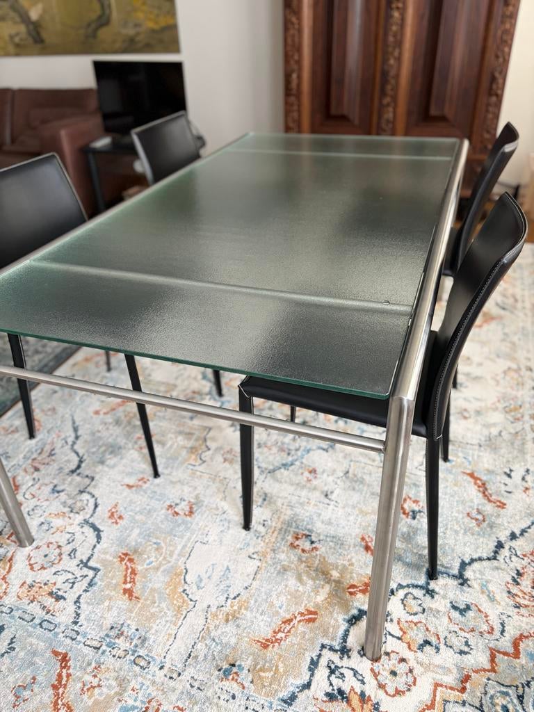 Neftys eetkamer tafel rvs frame, brute glas (hulshoff), 100 tot 150 cm, Zo goed als nieuw, Glas, Modern