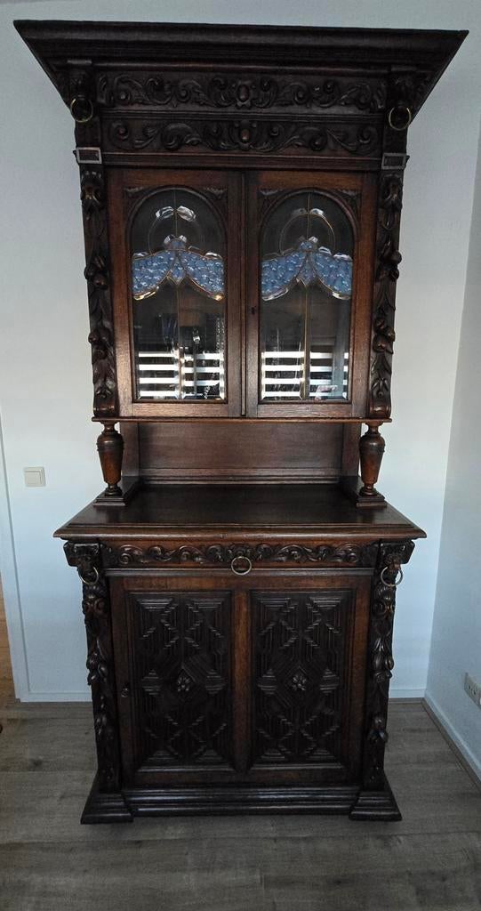 Originele 18e eeuwse Henri Deux kast met glas in lood, Antiek en Kunst, Ophalen