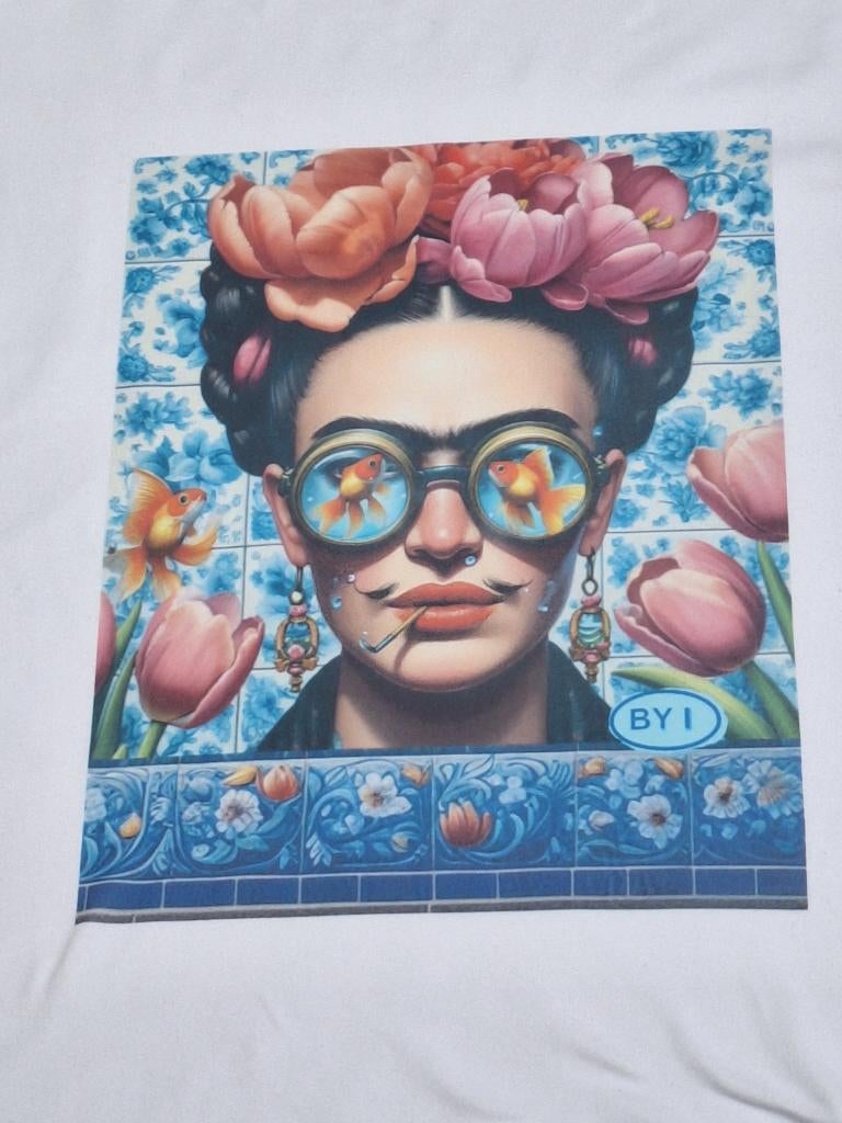 Dames t-shirt wit korte mouw Frida Kahlo duikbril vissen, Maat 38/40 (M), Wit, Nieuw, Ophalen of Verzenden