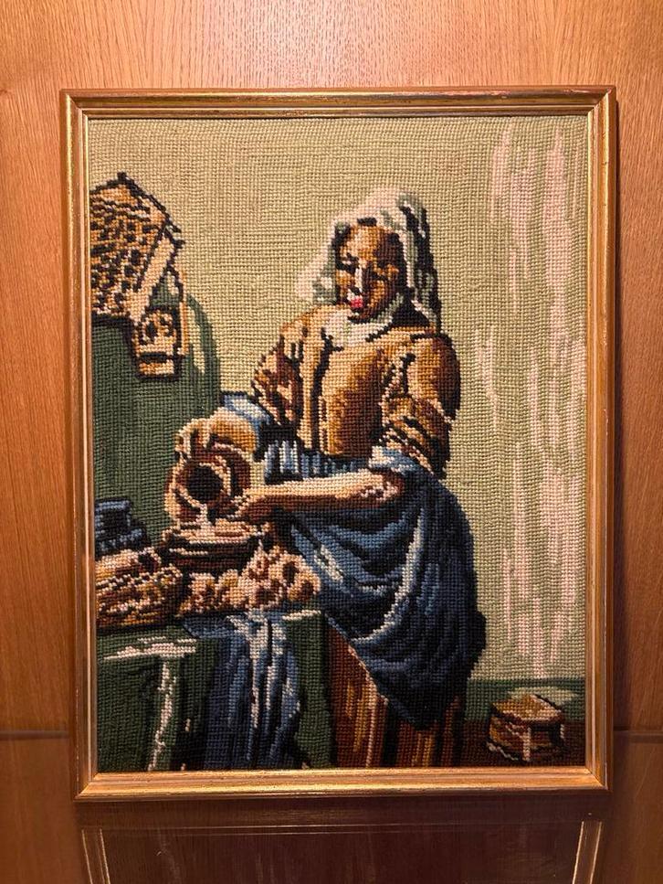 Borduurwerk vintage ingelijst het melkmeisje van Vermeer