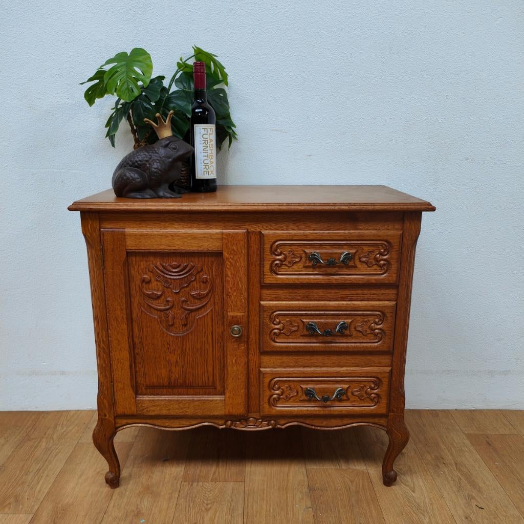 Vintage landelijk ladekastje Queen Ann ladekast commode 601, Valkenswaard, Gebruikt, Info@flashbackfurniture.nl, Eikenhout