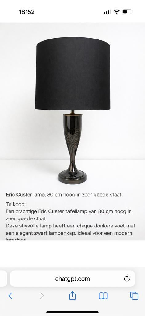 Eric Custer Tafellamp - 80 cm - Zeer Goede Staat, Ophalen, Zo goed als nieuw, Stof, Minder dan 100 cm