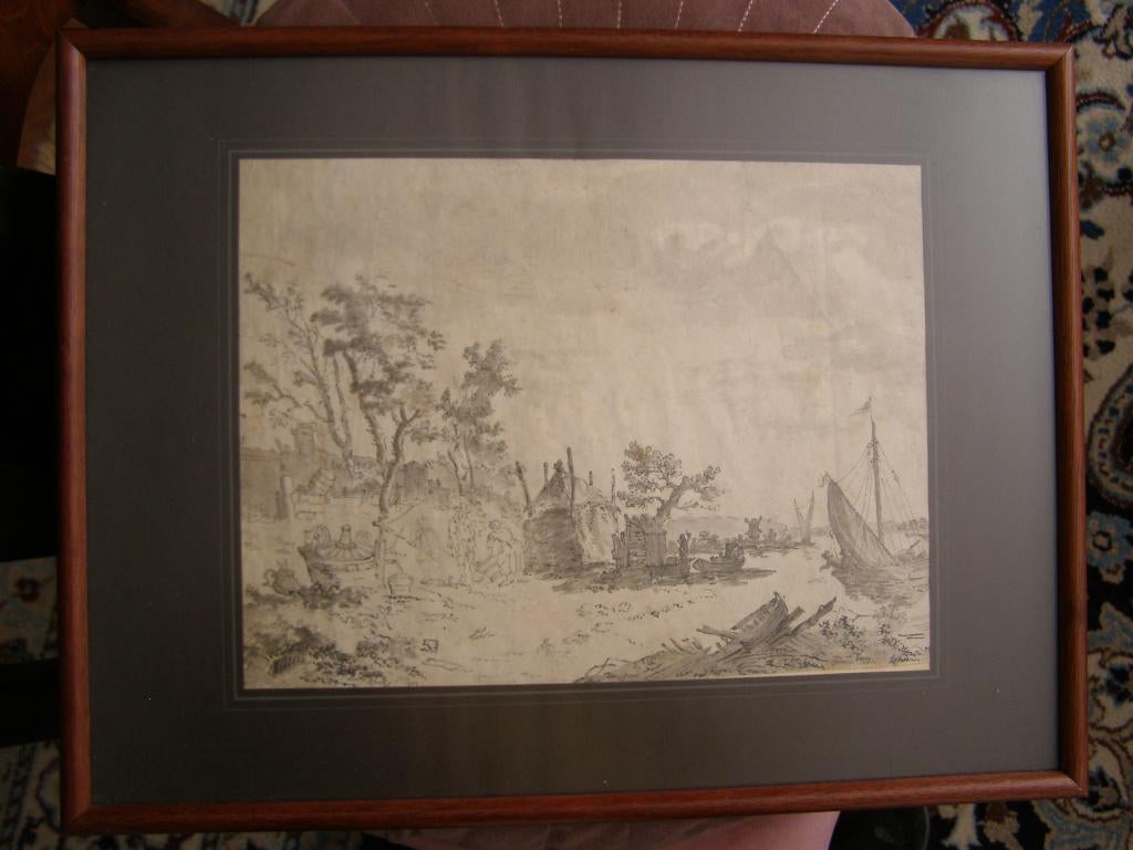 Oude pentekening Landelijk tafereel Ingelijst Niet gesign., Ophalen of Verzenden, Gebruikt