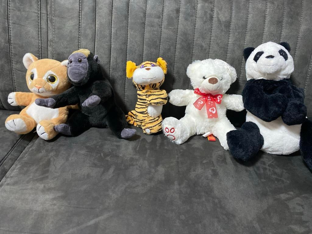 Leuke knuffelcollectie: beer, panda, tijger, aap en leeuw, Gebruikt, Beer, Ophalen of Verzenden, Meerkleurig