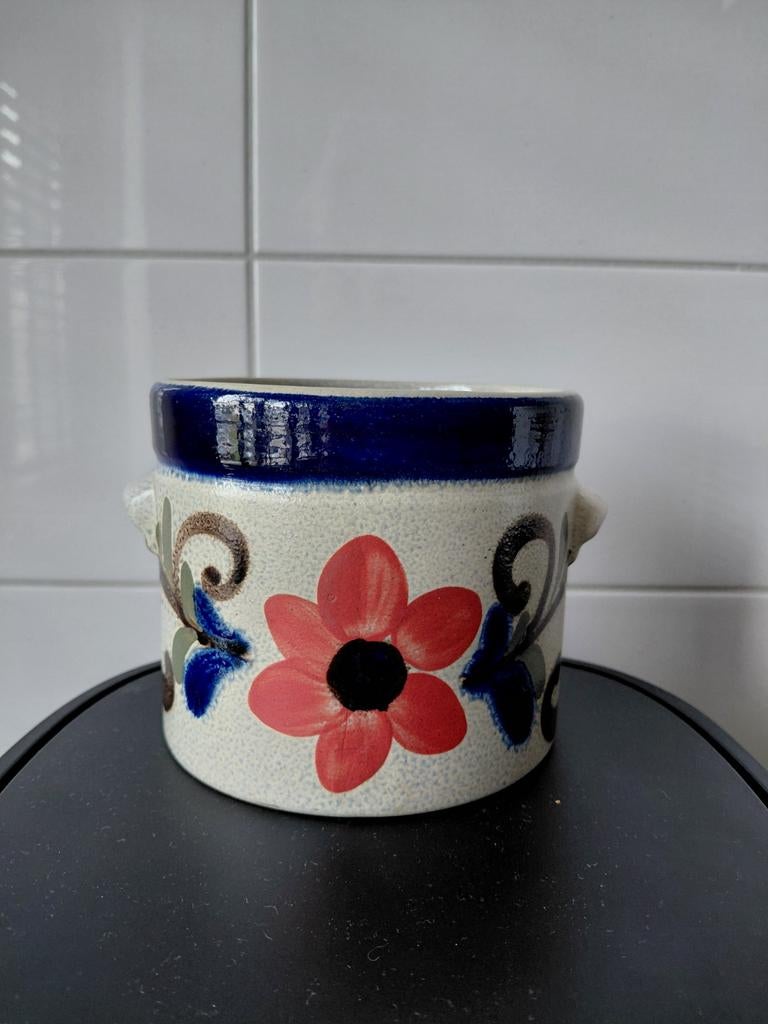 Vintage West Germany bloempot met bloemmotief, Gebruikt, Rond, Ophalen of Verzenden, Balkon