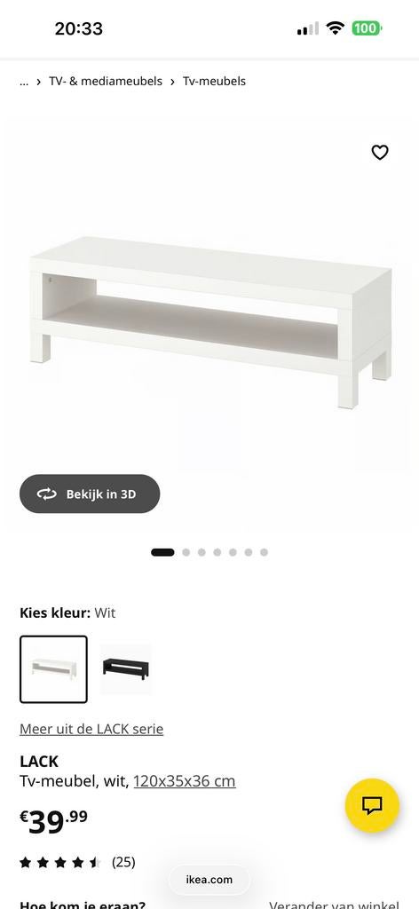 IKEA LACK TV-meubel wit 120x35x36 cm, Ophalen, Overige materialen, Gebruikt, 100 tot 150 cm